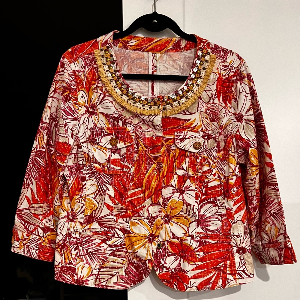 Ruby Rd. Floral Jacket with Beaded Neckline l Large